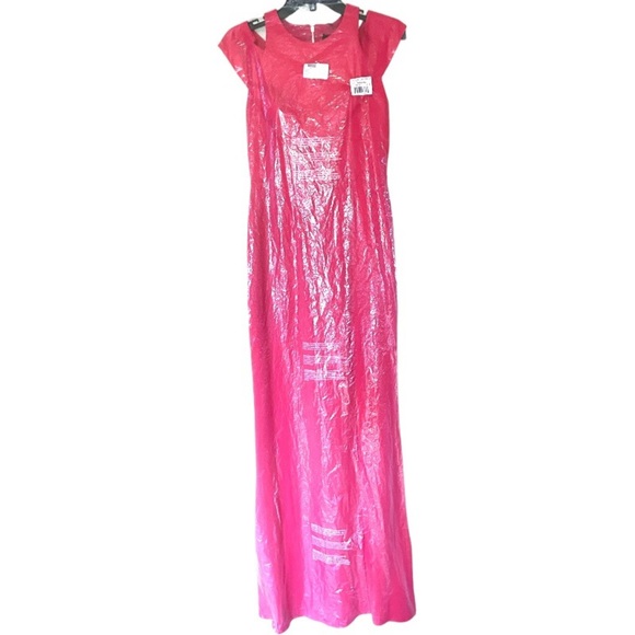 $320 ABS Allen Schwartz Shoulder Cut Out Gown Medium Pink Formal Deep Front Slit - Picture 12 of 15